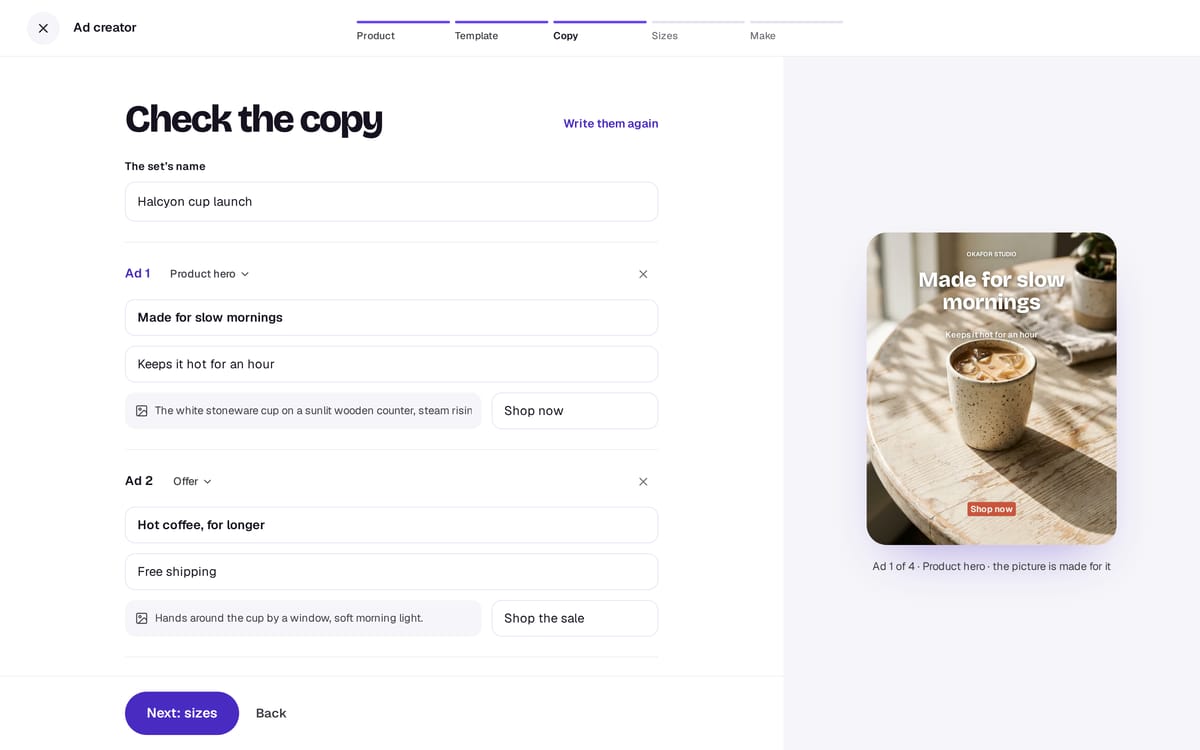 The ads' copy, ready to edit
