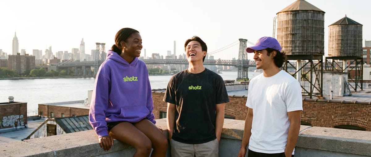Three friends laughing on a Williamsburg rooftop at golden hour, the Manhattan skyline and the Williamsburg Bridge behind them, in a violet shotz hoodie, a black shotz tee and a violet cap