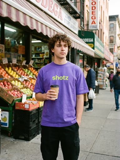 Violet tee with a lime shotz wordmark, worn outside a Lower East Side bodega with a deli coffee