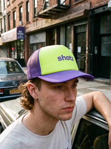 Lime trucker cap with a small violet shotz print and violet mesh back, worn leaning on a parked car