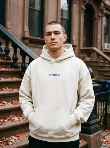 Bone hoodie with a violet shotz wordmark, worn on the steps of a Harlem brownstone