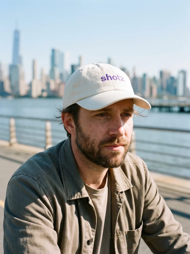 Bone dad cap with a small violet shotz embroidery, worn riding a Citi Bike along the Hudson