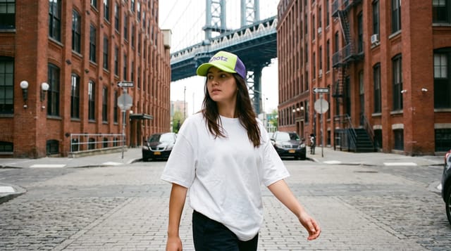 A woman in a lime shotz trucker cap walking down a cobbled Dumbo street with the Manhattan Bridge behind her