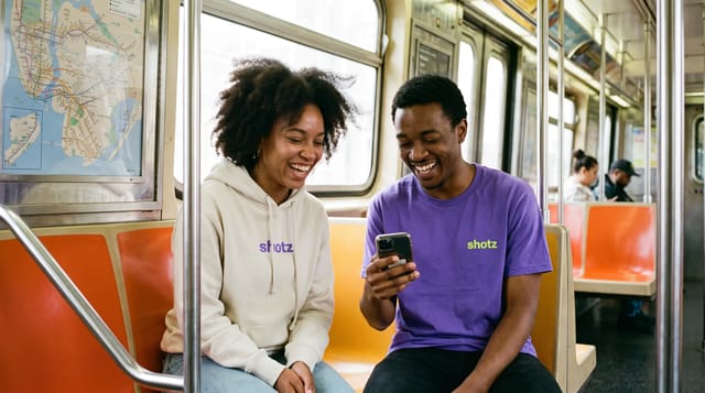 Two friends laughing at a phone on a New York subway car, one in a bone shotz hoodie, one in a violet shotz tee