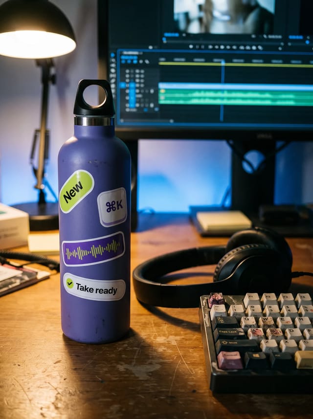 A violet water bottle on an edit suite desk with New, ⌘K, waveform and Take ready stickers, a timeline on the monitor behind