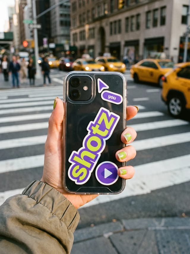 A hand with lime nails holding up a phone at a Midtown crosswalk, a big shotz wordmark sticker, a pointer reading you and a play button under its clear case, yellow cabs behind