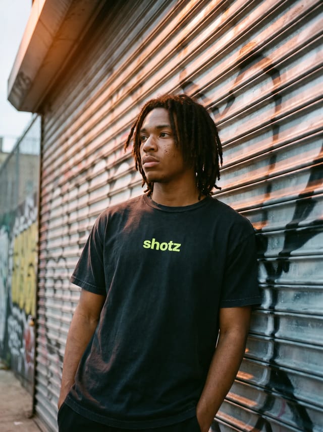 Washed black tee with a lime shotz wordmark, worn against a graffitied shutter in Bushwick at dusk