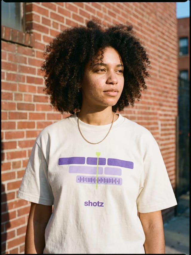Bone tee printed with a violet editing timeline and a small shotz wordmark, worn against a Greenpoint brick wall