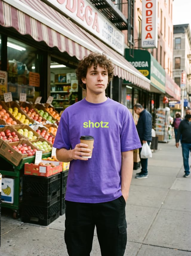 Violet tee with a lime shotz wordmark, worn outside a Lower East Side bodega with a deli coffee
