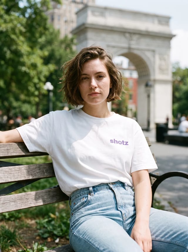 White tee with a small violet shotz wordmark, worn on a bench in Washington Square Park