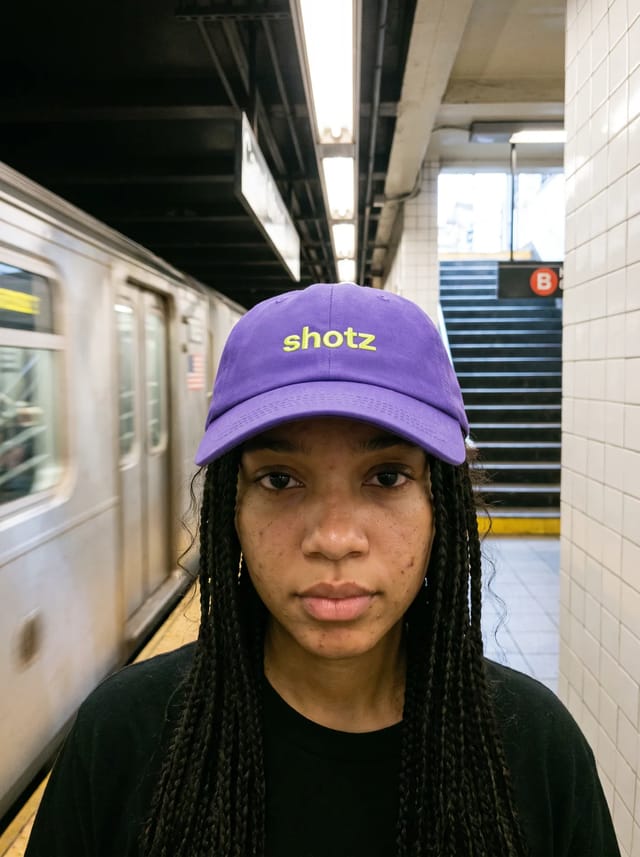 Violet cap with a raised lime shotz embroidery, worn on the Canal Street subway platform