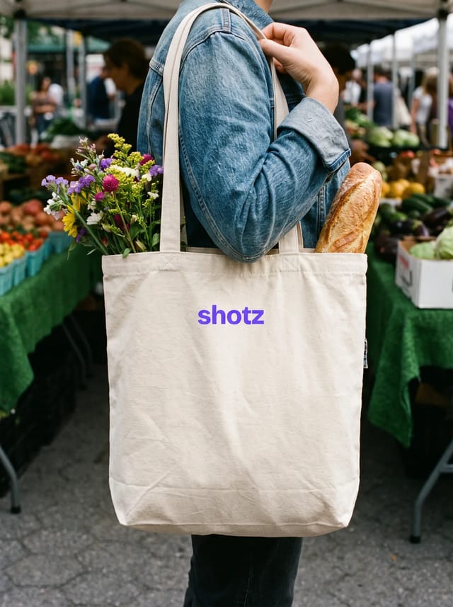 Canvas tote with a violet shotz wordmark, carried through the Union Square Greenmarket with flowers and a baguette