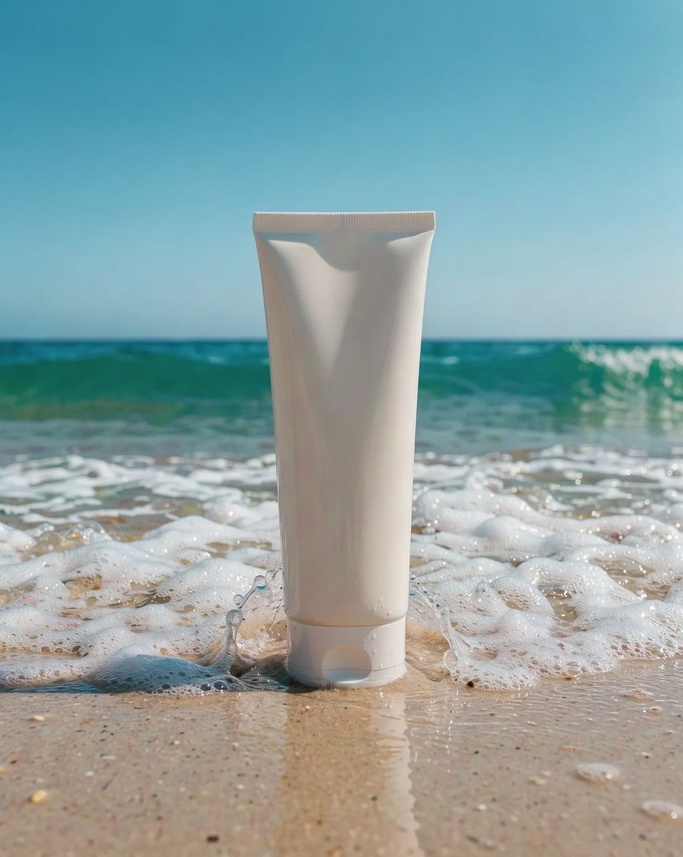 A plain white sunscreen tube standing upright on wet sand as a wave foams around it, clear blue sky above