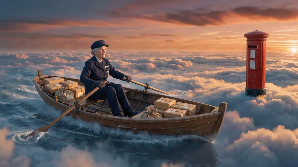 A postwoman rowing a boat full of parcels across a sea of clouds towards a red post box at sunset