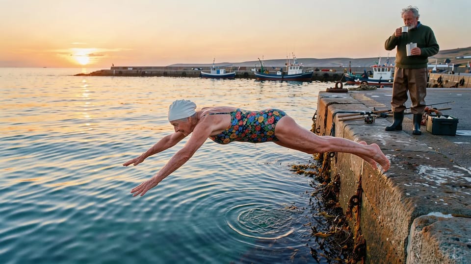 A 90-year-old swimmer in a white cap and floral costume diving off a harbour wall at sunrise while a fisherman drinks his tea