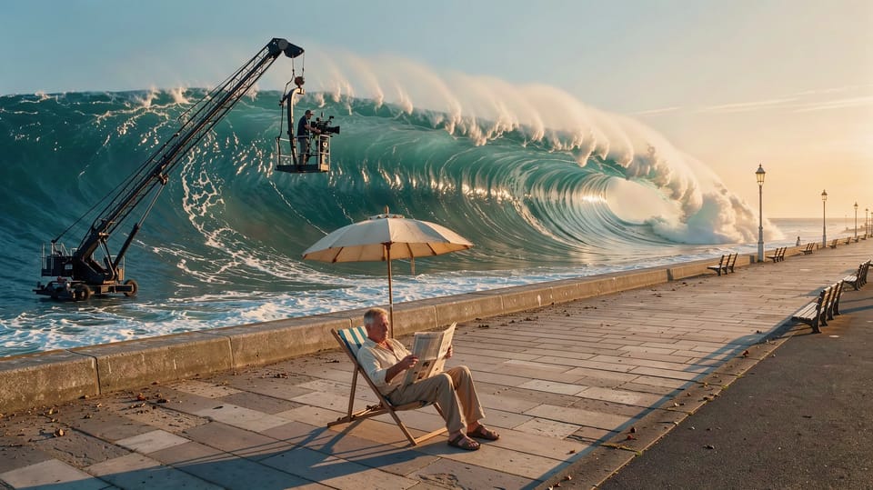 A camera operator on a crane filming a huge wave frozen mid-curl over a seaside promenade while a man in a deckchair reads his paper