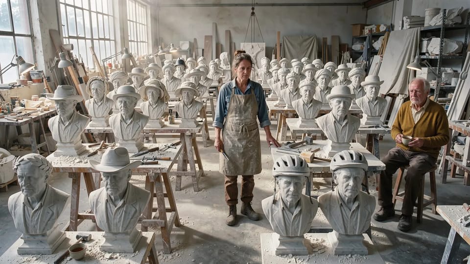 A sculptor among dozens of identical busts of the same old man, each in a different hat, while he sits beside them with a cup of tea
