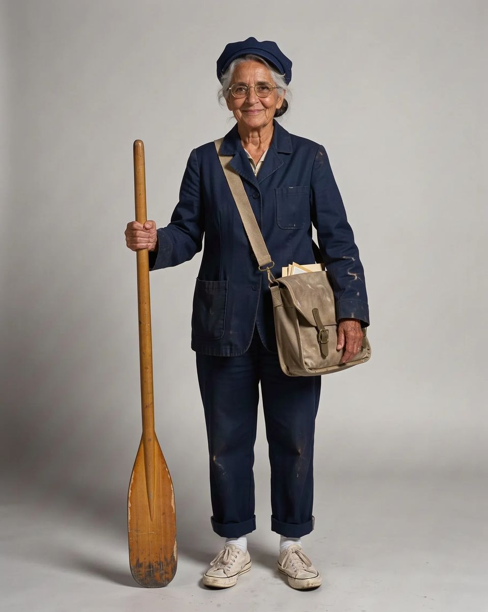 Inês, a small Portuguese postwoman in her seventies, standing full length on a grey studio background holding an oar