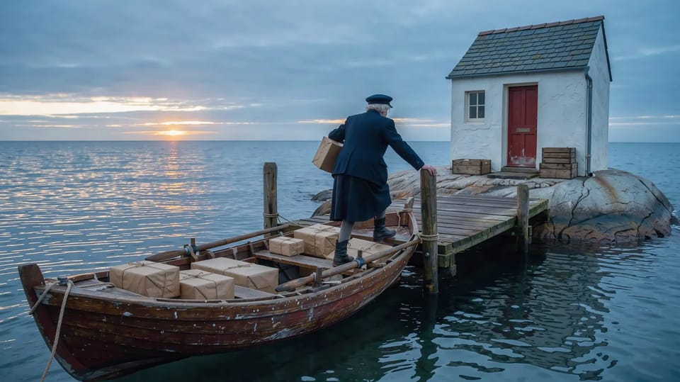 An old woman in a navy postal jacket climbing out of a rowing boat full of parcels at the post office jetty