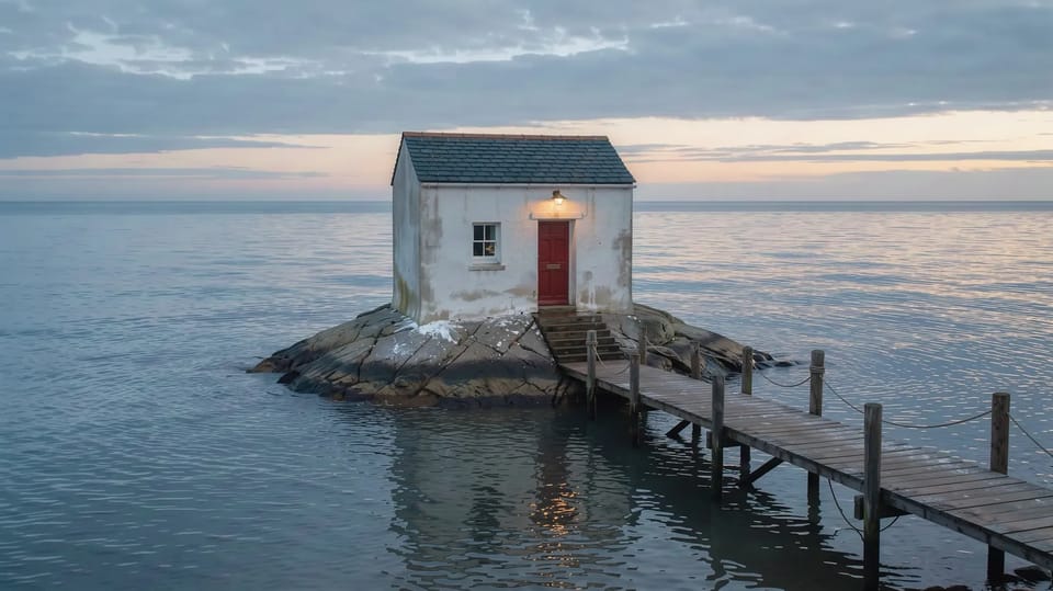 A tiny whitewashed post office with a red door on a rock in a calm sea at dawn