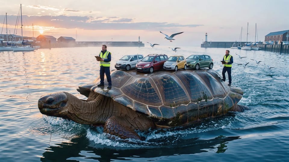 The giant tortoise swimming out of the harbour with four small cars on its shell and two ferry workers holding clipboards