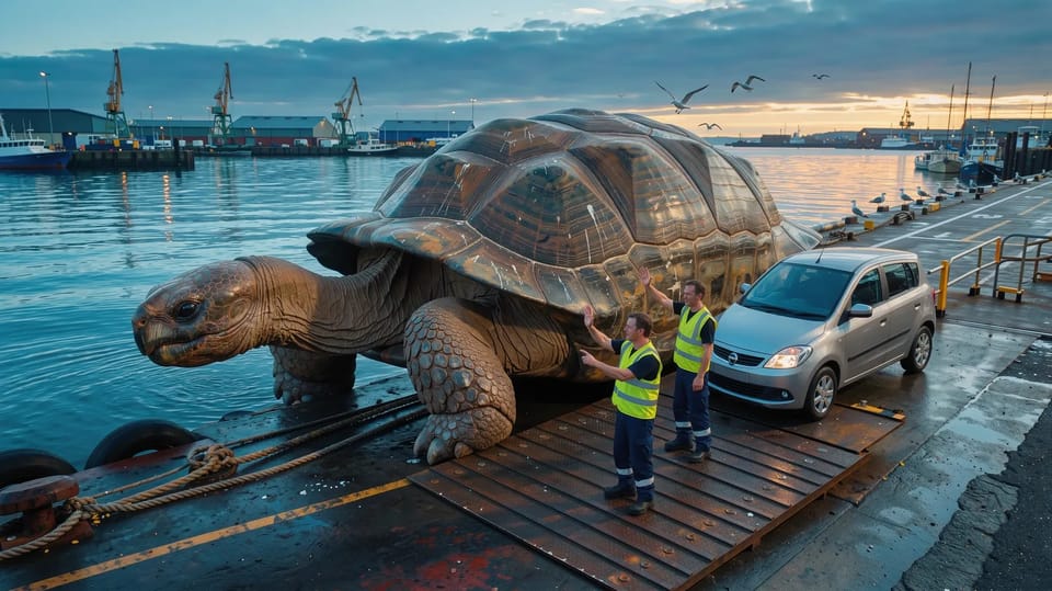 A giant tortoise on a harbour slipway at dawn, two ferry workers in hi-vis vests waving a small car towards it