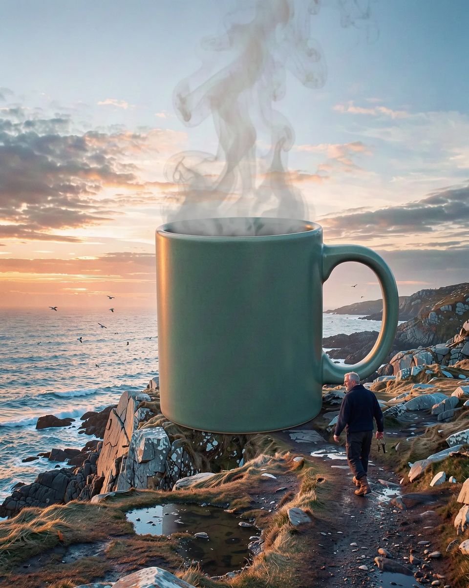 A steaming sage-green mug as tall as a house on a rocky headland at sunrise, a man in a navy jumper walking past it