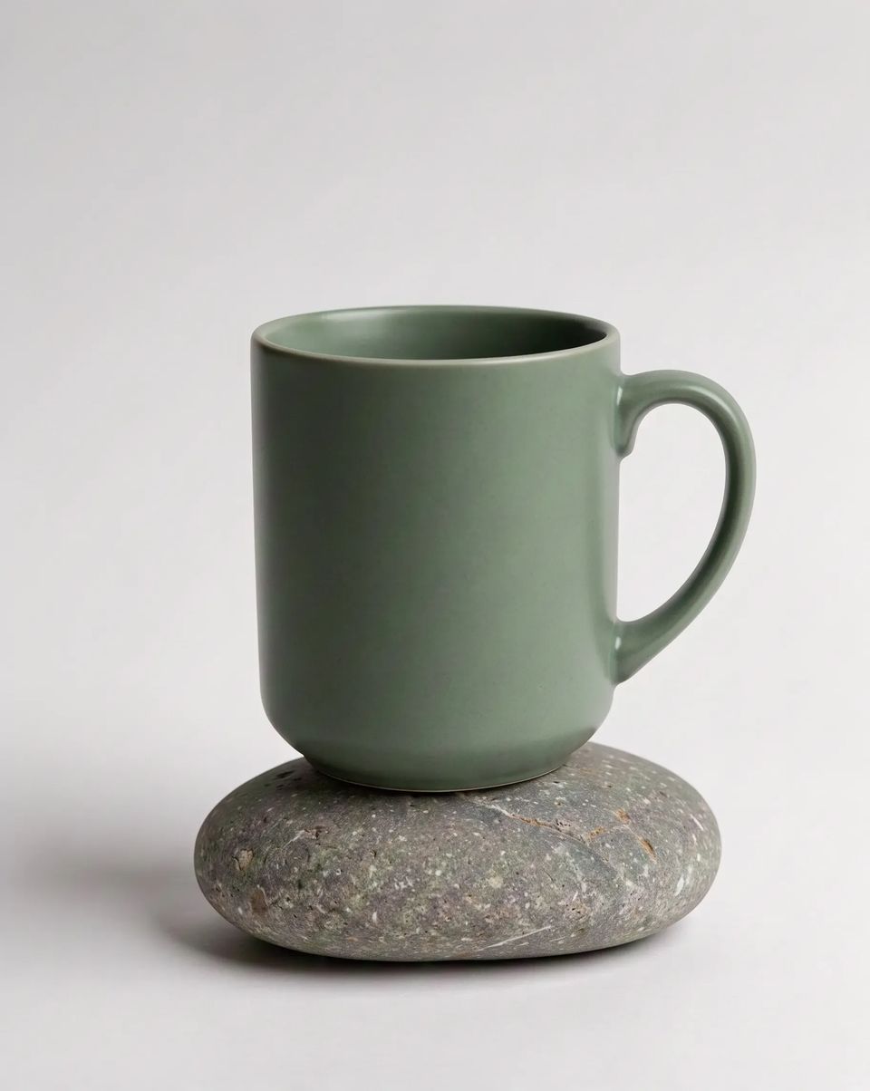 A plain sage-green ceramic mug standing on a smooth grey stone against a pale studio background