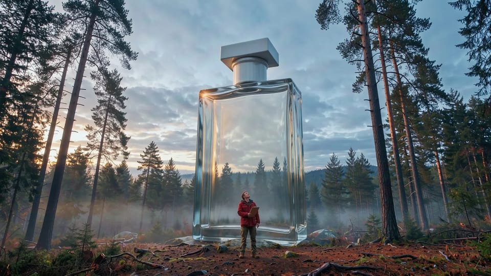 A forester with a clipboard looking up at a plain glass perfume bottle as tall as the pine trees around it at dawn
