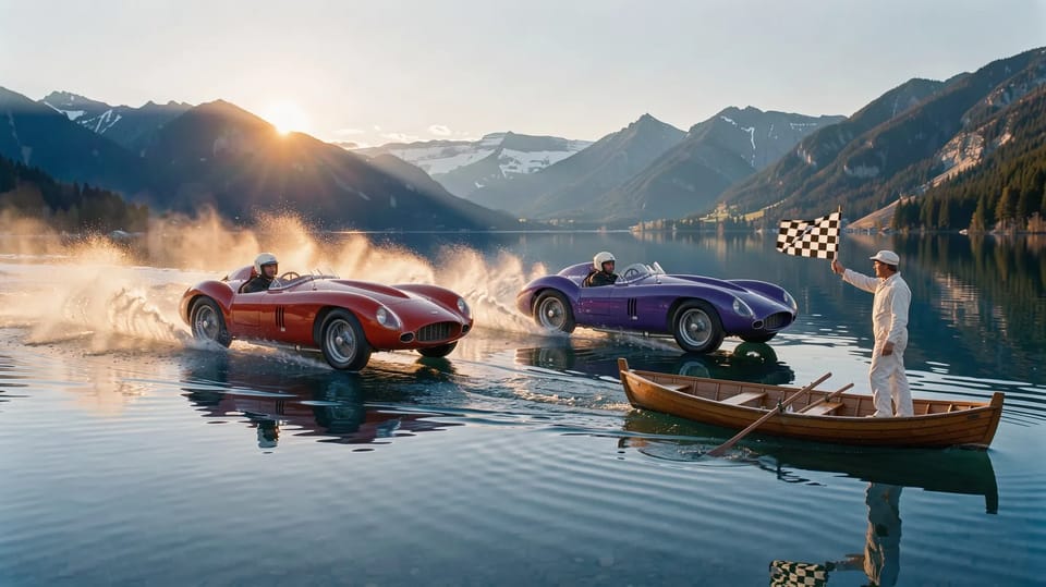 A red and a violet vintage racing car neck and neck across a mirror-still lake at sunrise