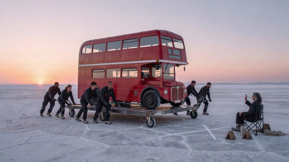 A stage crew pushing a red double-decker bus on a wheeled platform across a salt flat at dawn towards a chalk X, a director watching from a folding chair