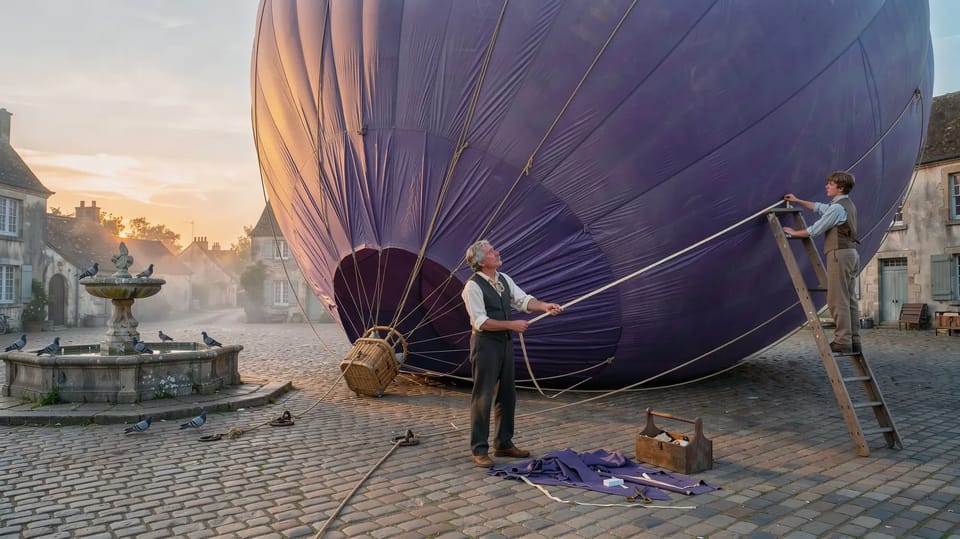A tailor and his apprentice on a ladder measuring a violet hot-air balloon as big as a church in a cobbled village square at dawn