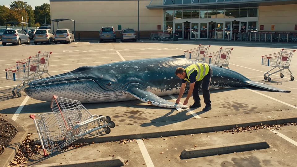 A parking attendant tucking a ticket under the fin of a blue whale lying across a supermarket car park