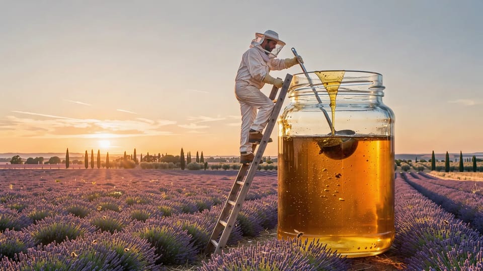 A beekeeper on a ladder ladling from a giant jar of honey in a lavender field at sunset