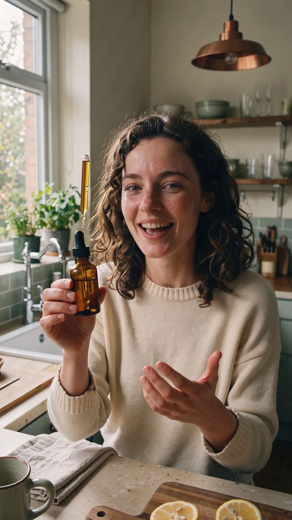 A young woman with curly hair in a bright kitchen holding up a small amber dropper bottle and talking to camera