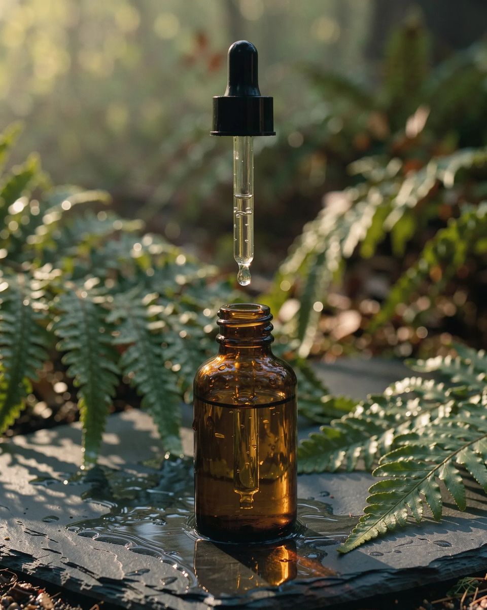 An amber dropper bottle on wet slate among ferns with a drop falling from the dropper