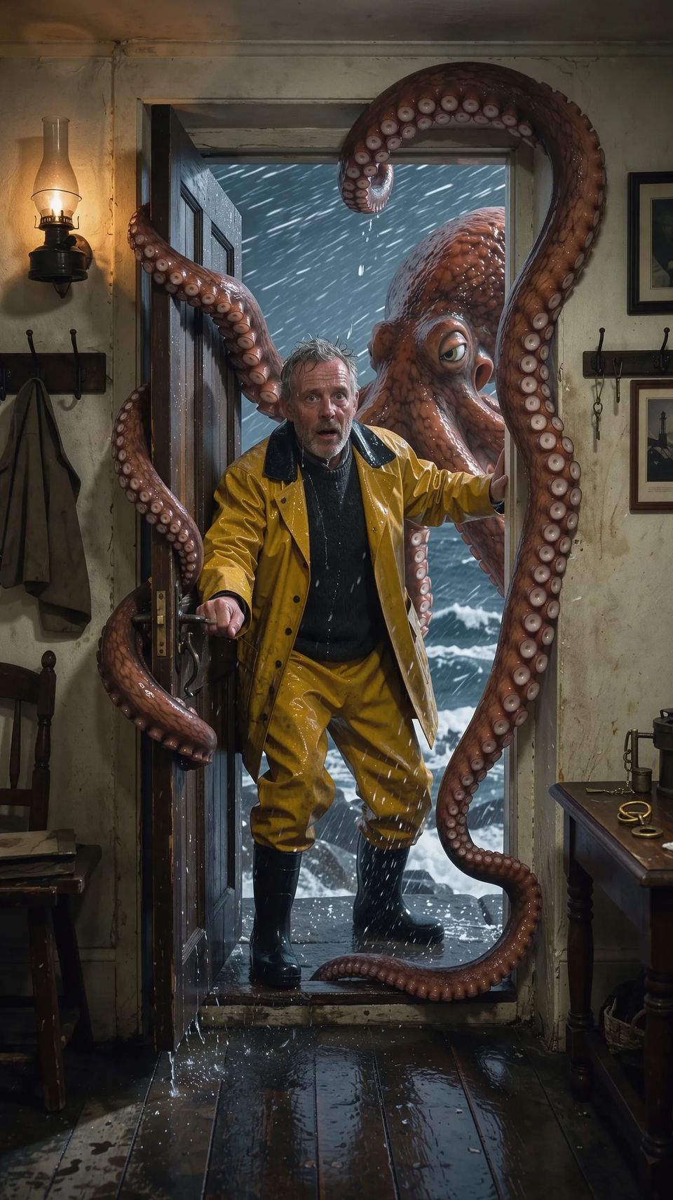 A lighthouse keeper in a yellow oilskin opening his door in a storm to a giant octopus filling the doorway