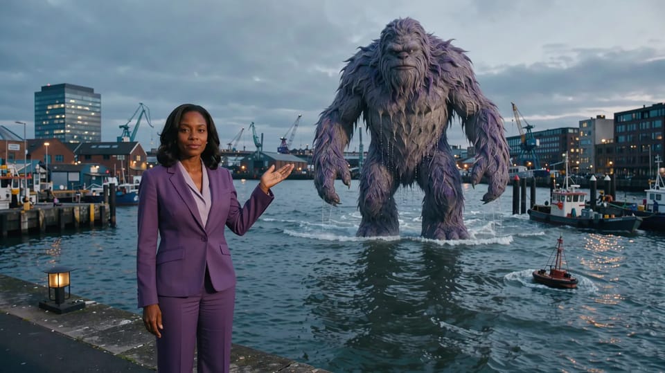 A weather presenter in a violet suit gesturing at a huge lavender monster wading through a city harbour