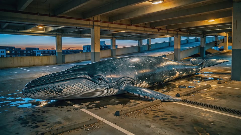 A whale lying in an empty multi-storey car park