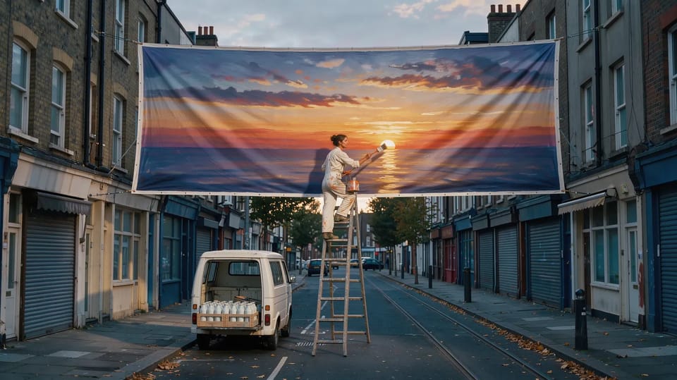 A painter on a ladder in an empty street at dawn painting a sunrise onto a huge canvas, the real sun rising behind her brush