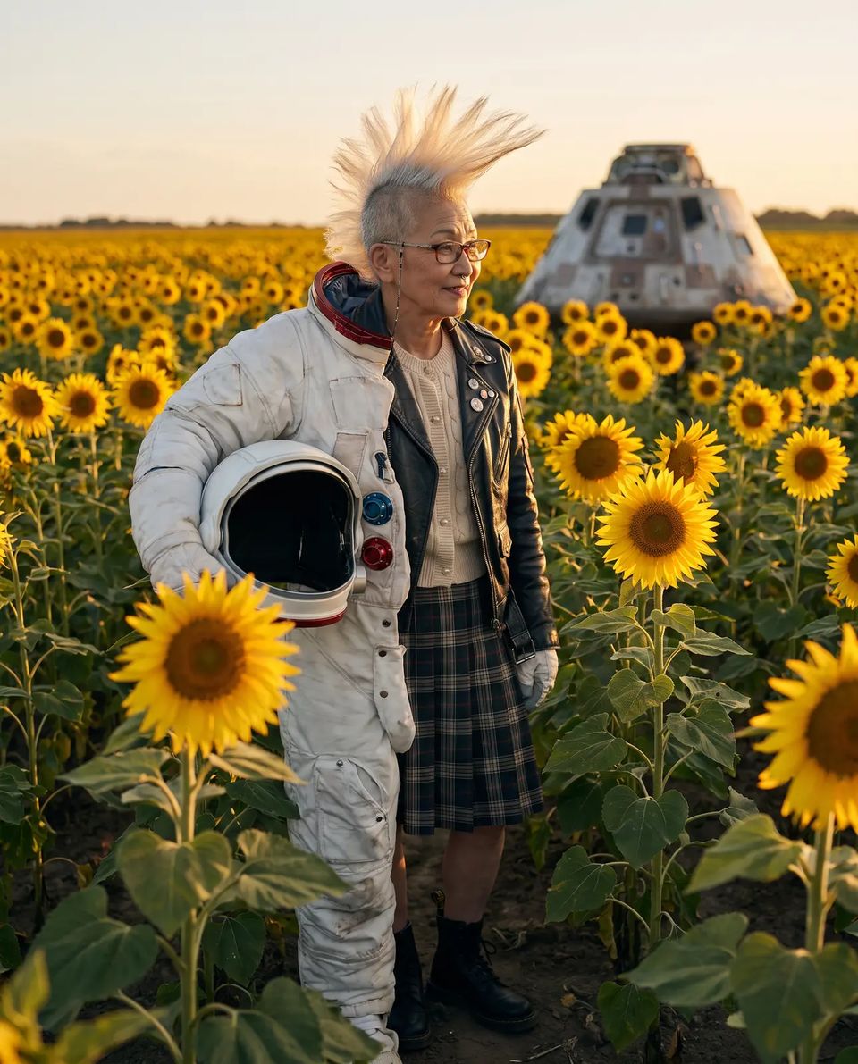 Sachiko in a white spacesuit holding her helmet in a sunflower field at sunset
