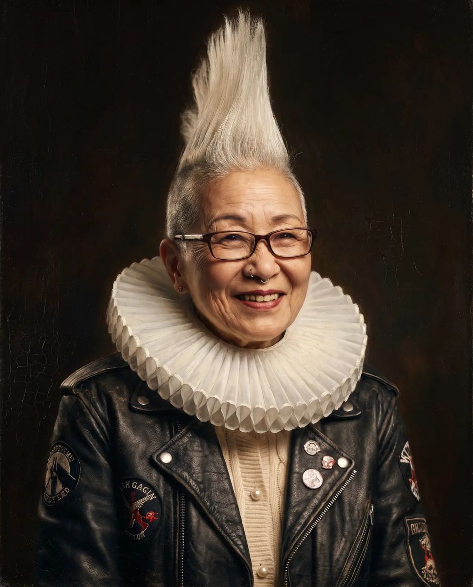 Sachiko painted as a 17th-century Dutch oil portrait with a white ruff over her leather jacket