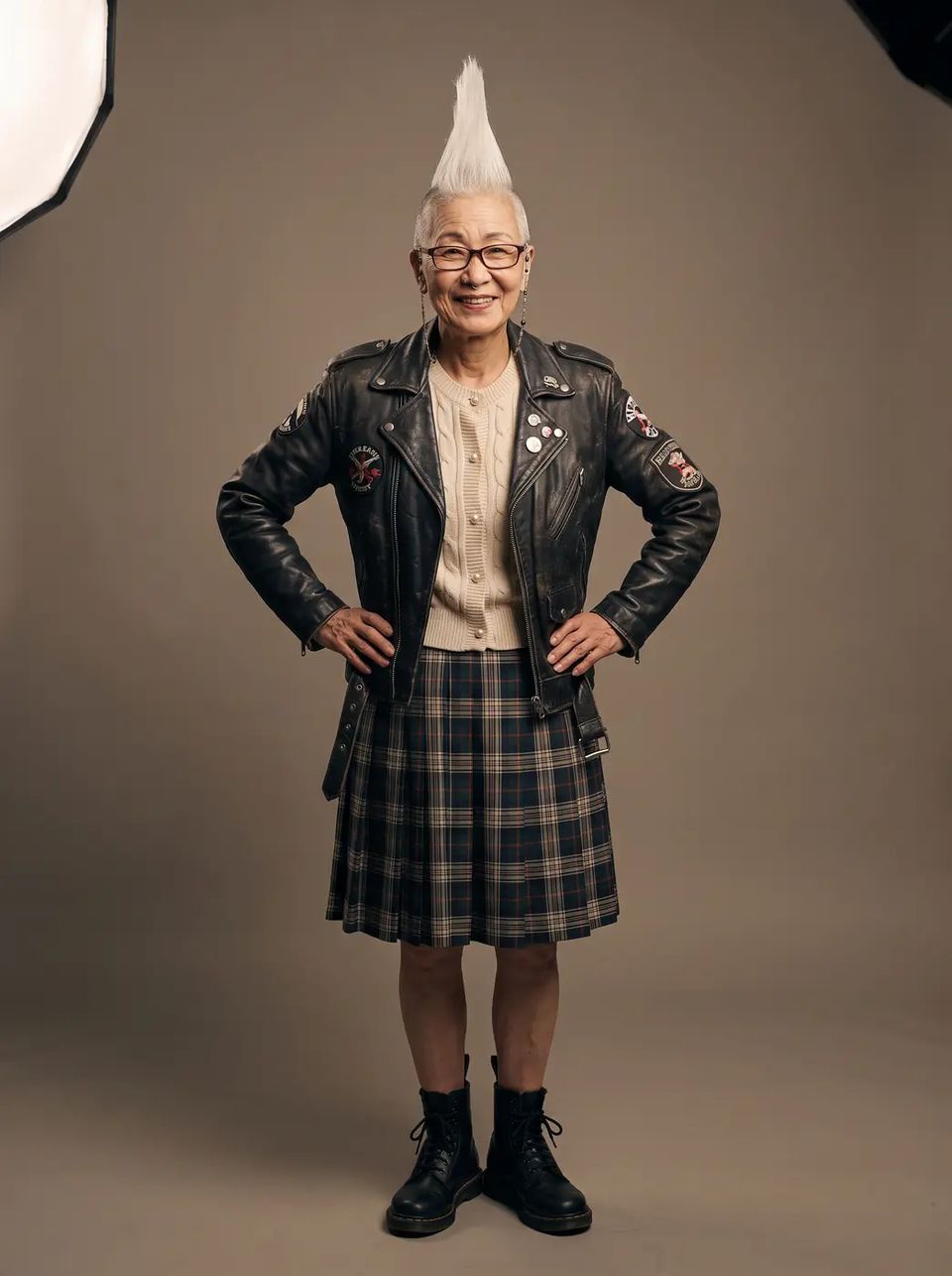 Sachiko standing full length in her leather jacket, plaid skirt and boots on a plain studio background