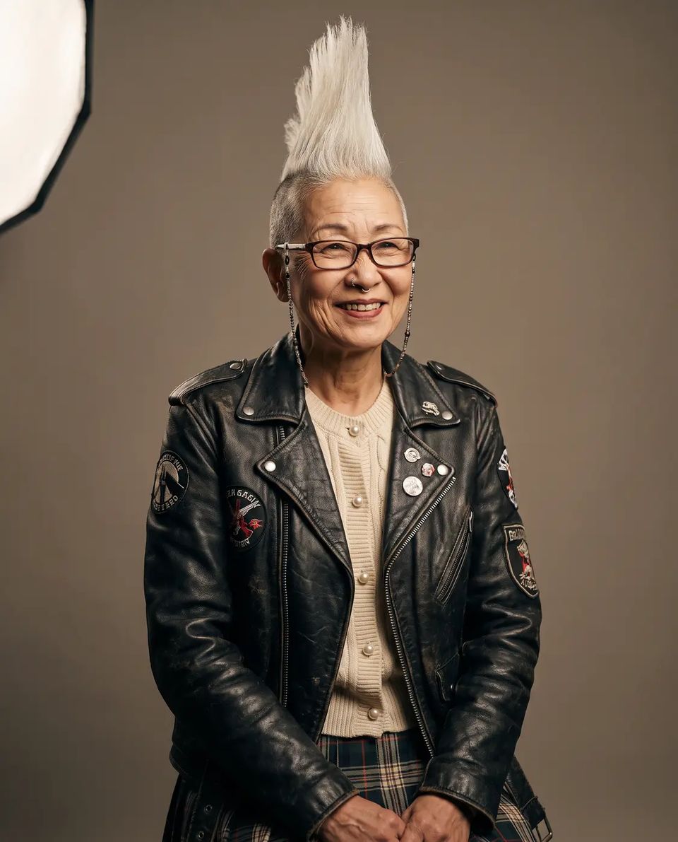 Sachiko, a punk grandmother with a white mohawk and studded leather jacket, from the waist up on a plain studio background