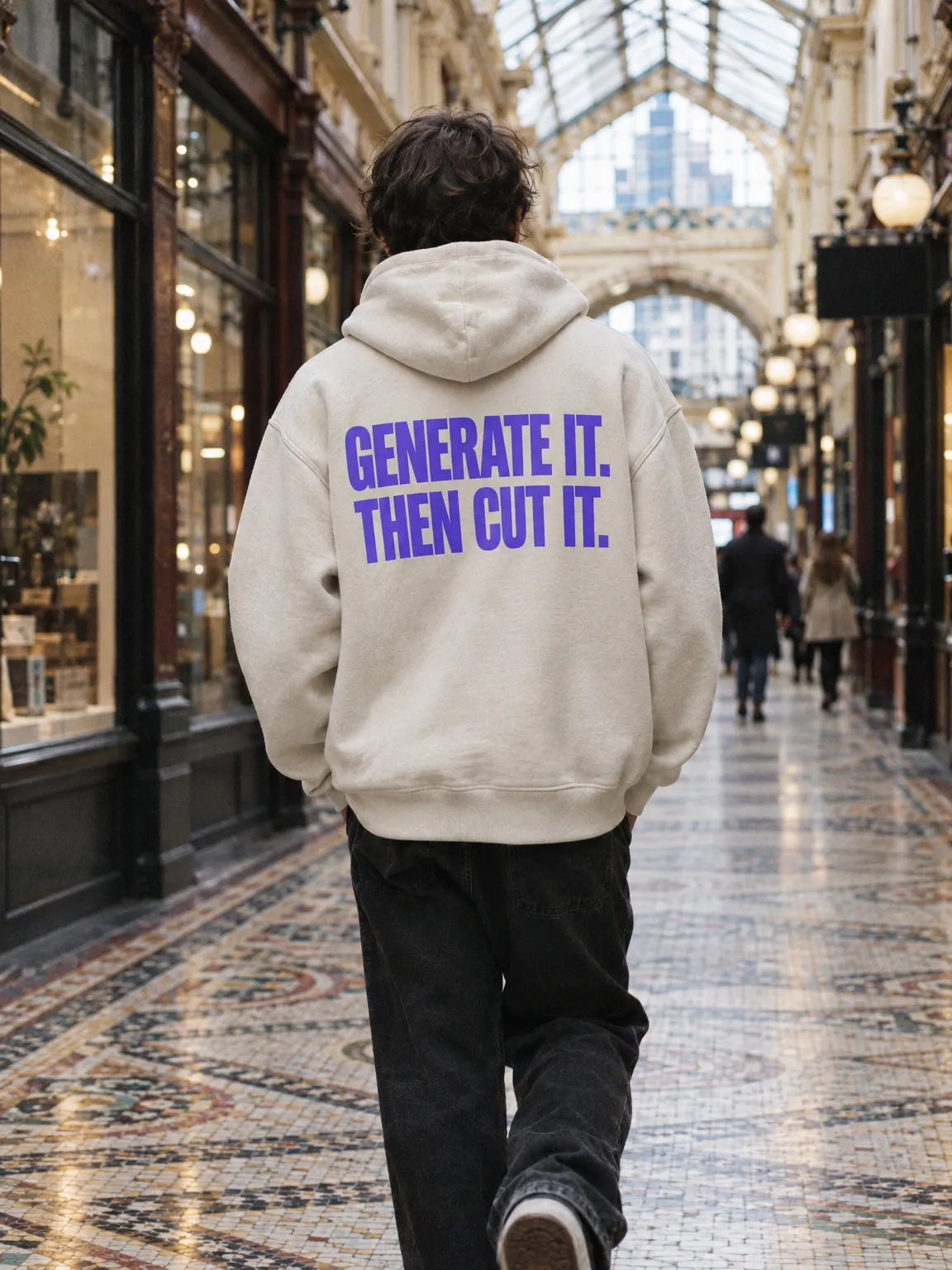 Back of a bone hoodie printed GENERATE IT. THEN CUT IT. in violet, walking through a tiled arcade