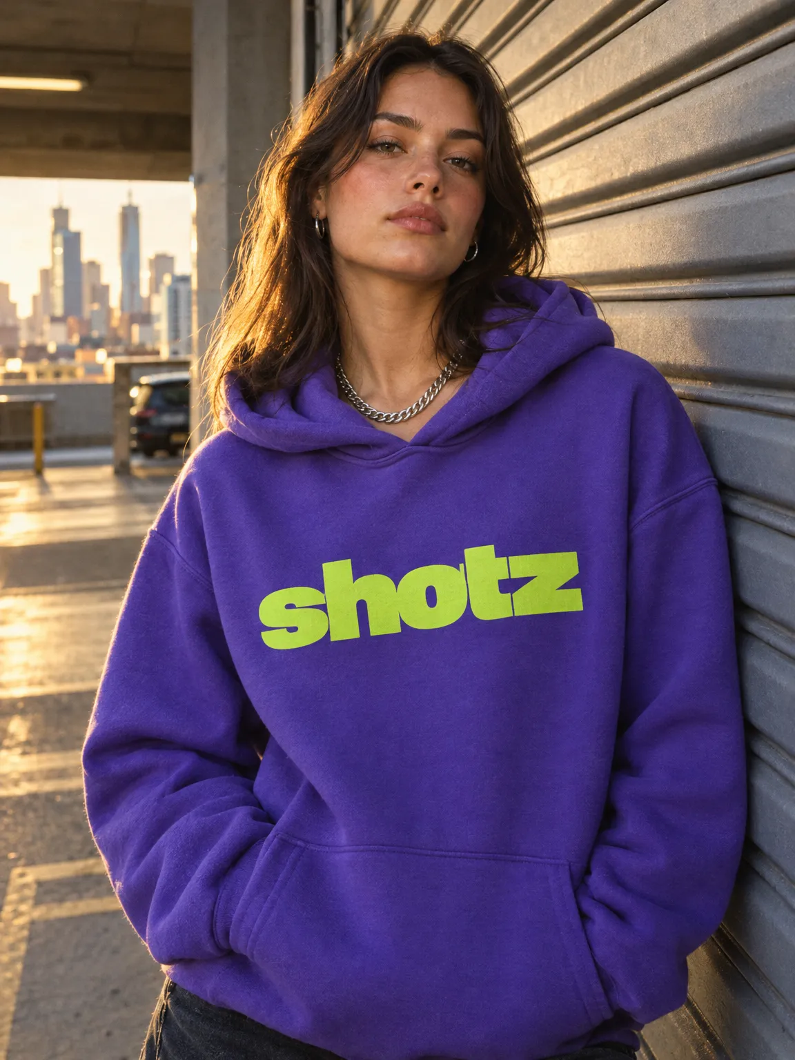Violet hoodie with a large lime shotz wordmark, worn against a roller door at golden hour