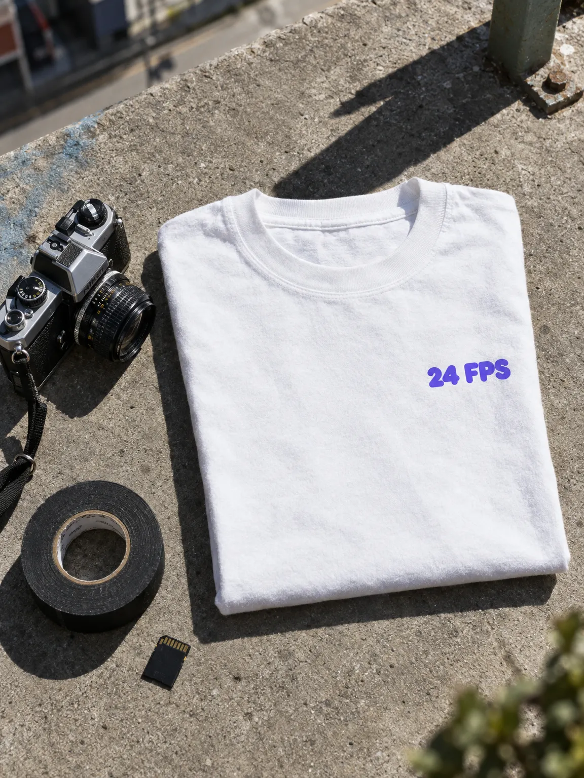 Folded white tee with a small violet 24 FPS print, beside a film camera, gaffer tape and an SD card