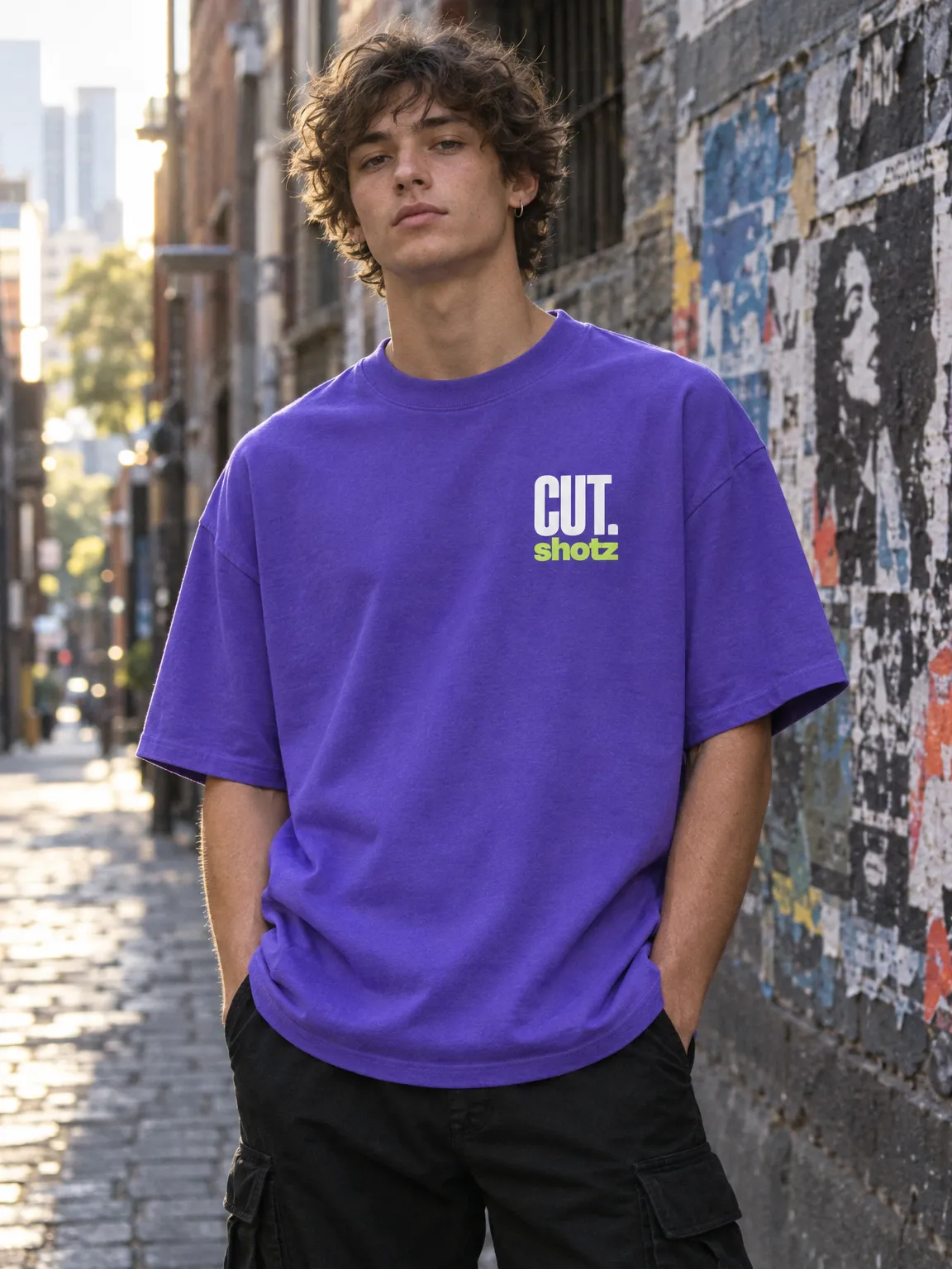 Violet oversized tee with a small CUT. shotz print on the chest, worn in a bluestone laneway