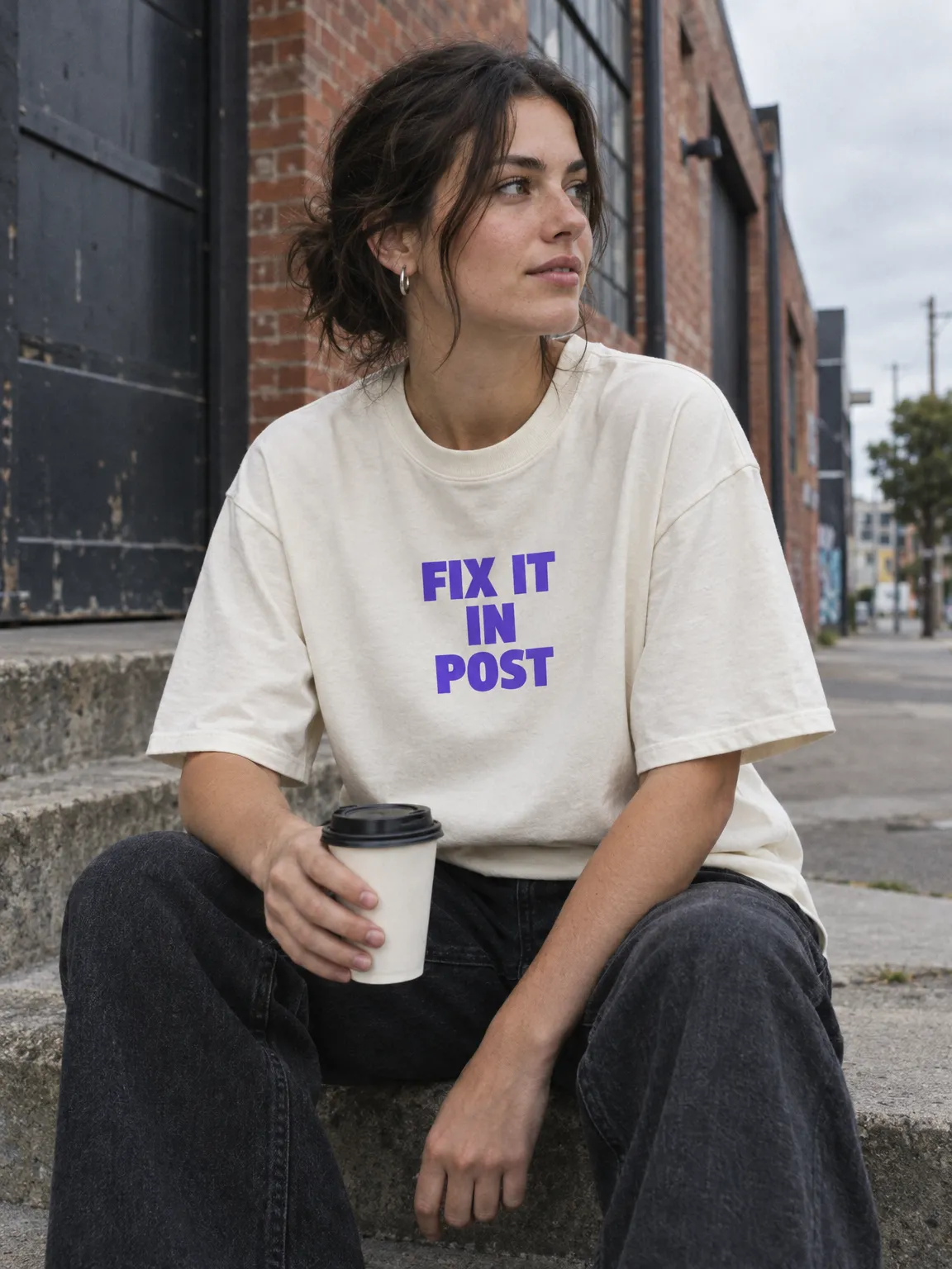 Bone tee printed FIX IT IN POST in violet, worn on warehouse steps with a takeaway coffee